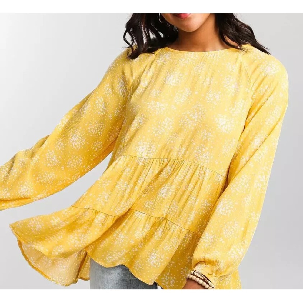 DAYTRIP BUCKLE Flowy CRINKLE Floral Print CUT OUT BACK Mustard TIERED